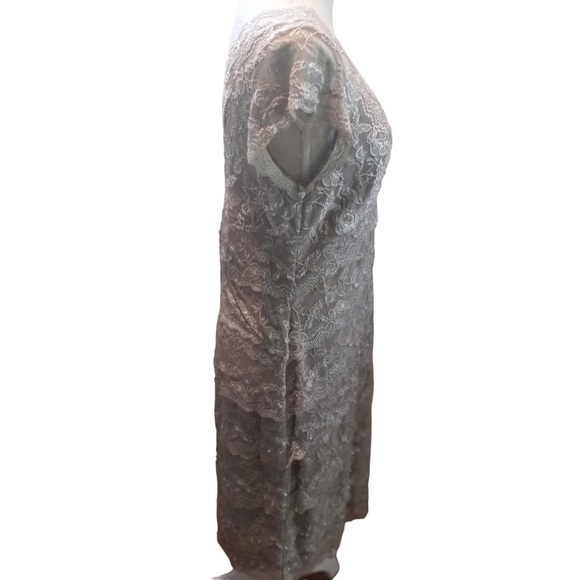 Blu Sage Taupe Lace Overlay Floral Sleeveless Double V Midi Slip Dress Sz 14P - Picture 4 of 8